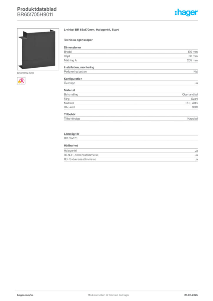 Bild Hager Produktdatablad BR651705H9011 | Hager Sverige