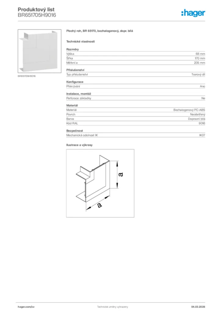 Obrázek Hager Product data sheet BR651705H9016 | Hager