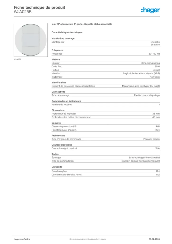 Image Hager Fiche technique du produit WJA025B | Hager Afrique