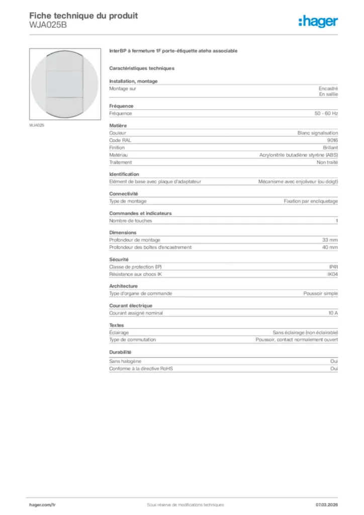 Image Hager Fiche technique du produit WJA025B | Hager France