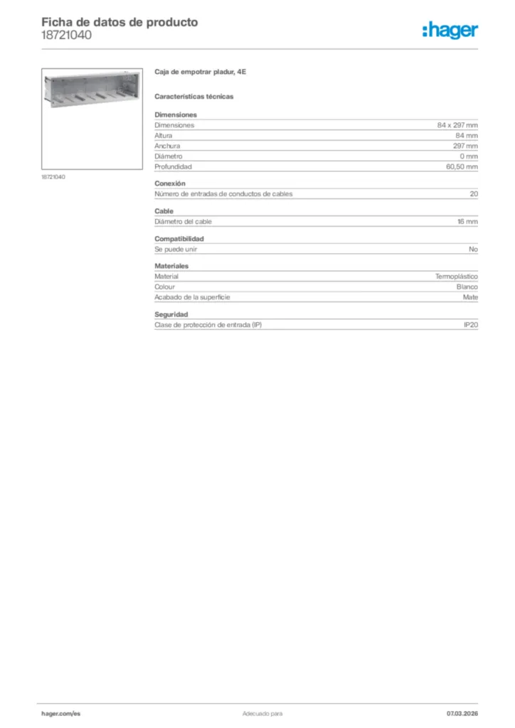 Imagen Hager Ficha de datos de producto 18721040 | Hager España