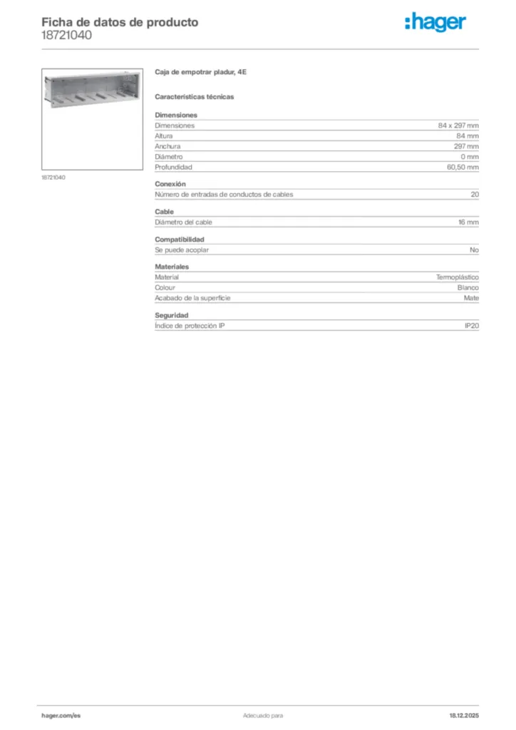 Imagen Hager Ficha de datos de producto 18721040 | Hager España
