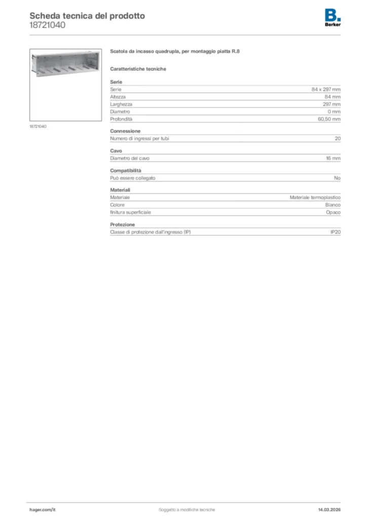 Immagine Berker Scheda tecnica del prodotto 18721040 | Hager Italia