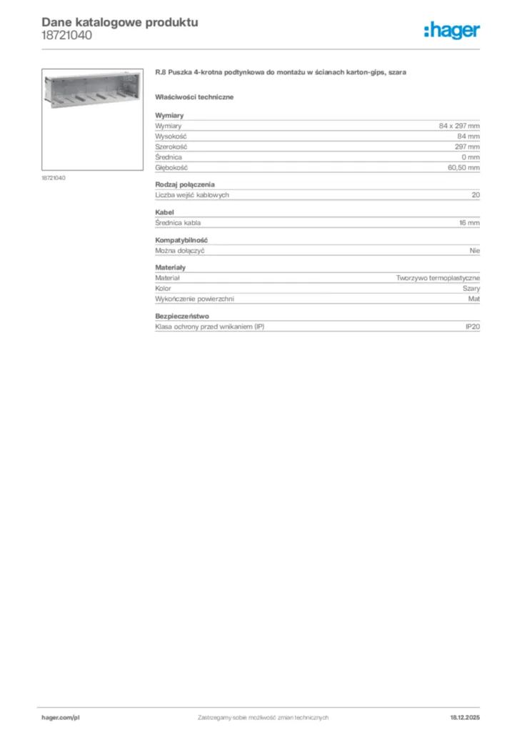 Zdjęcie Hager Karta katalogowa 18721040 | Hager Polska