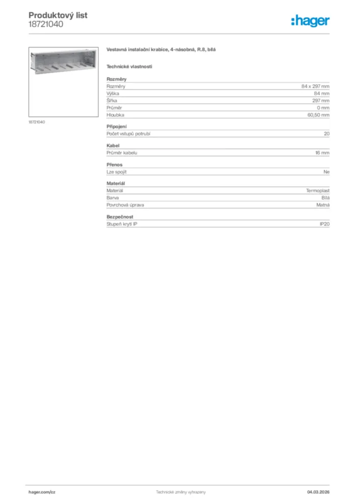 Obrázek Hager Product data sheet 18721040 | Hager