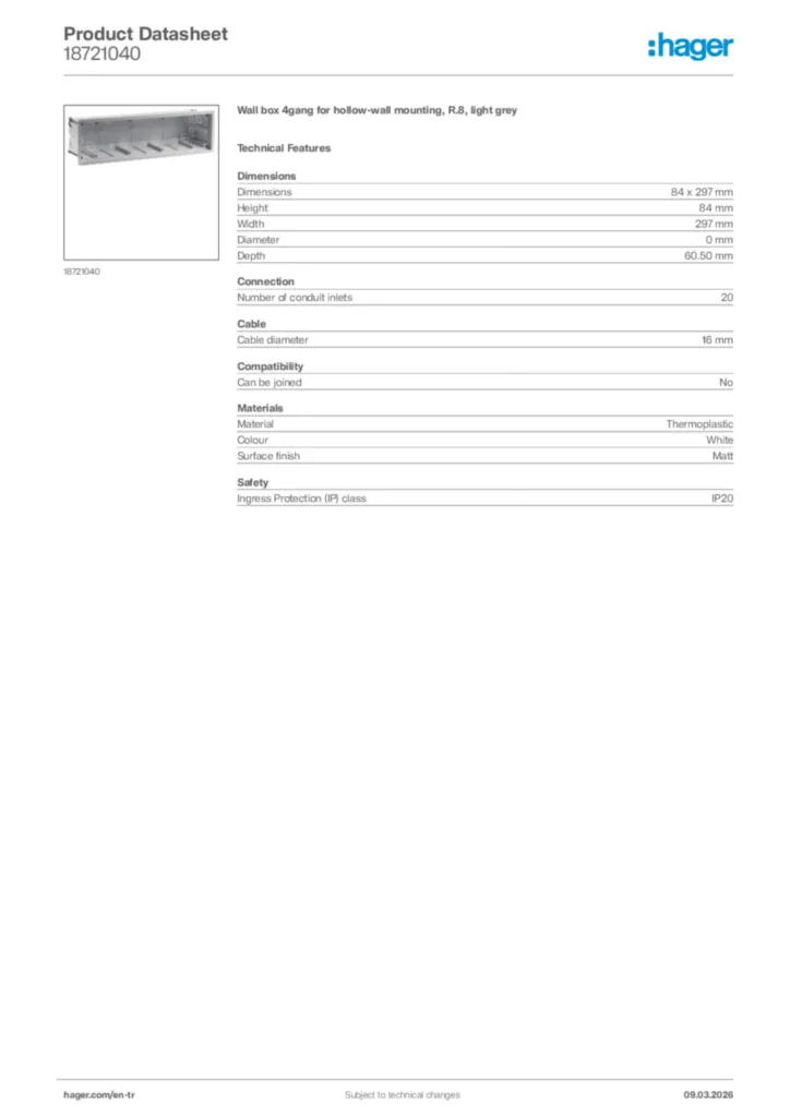 Image Hager Product data sheet 18721040  | Hager
