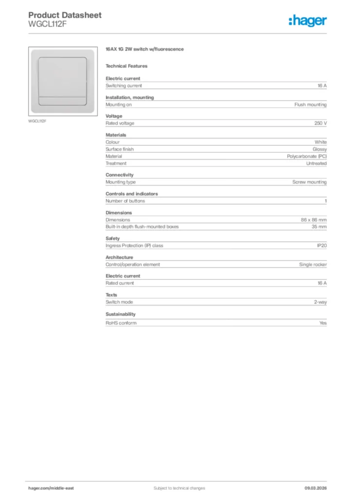 Image Hager Product data sheet WGCL112F  | Hager