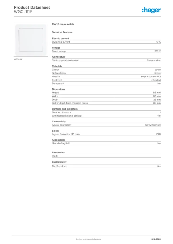 Image Hager Product data sheet WGCL111P  | Hager