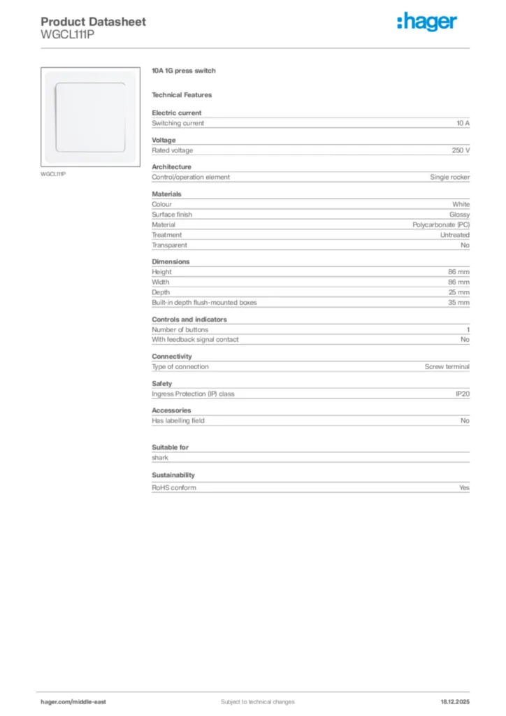 Image Hager Product data sheet WGCL111P  | Hager
