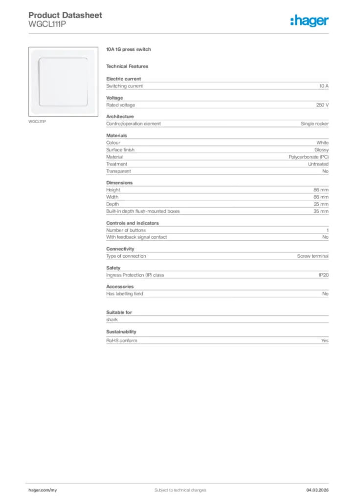 Image Hager Product data sheet WGCL111P  | Hager