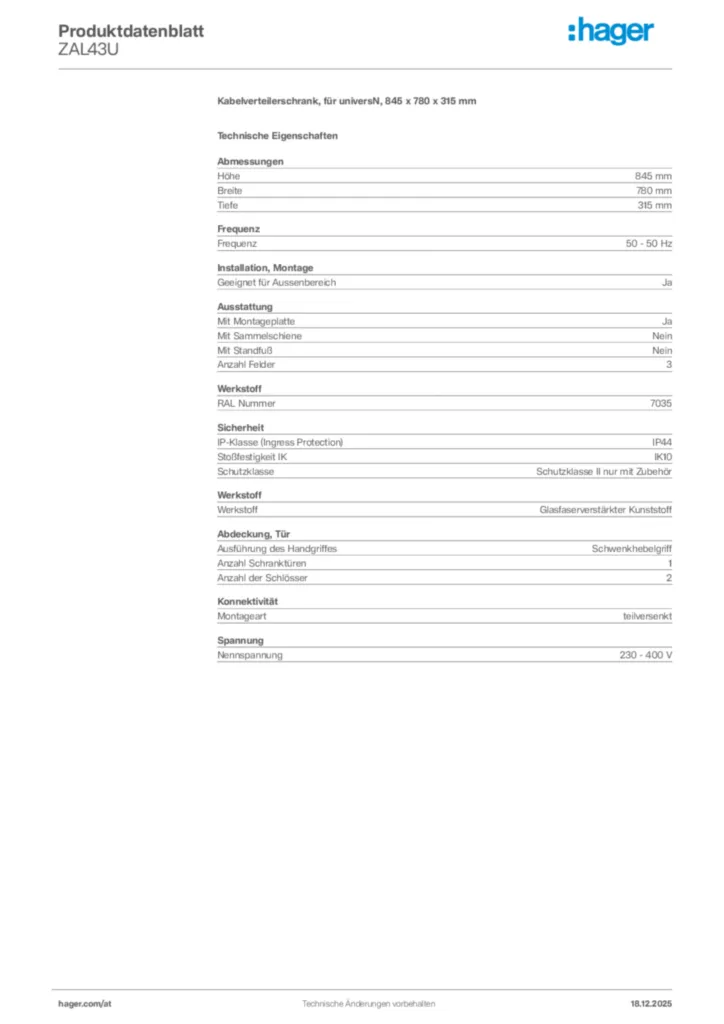Bild Hager Produktdatenblatt ZAL43U | Hager Deutschland