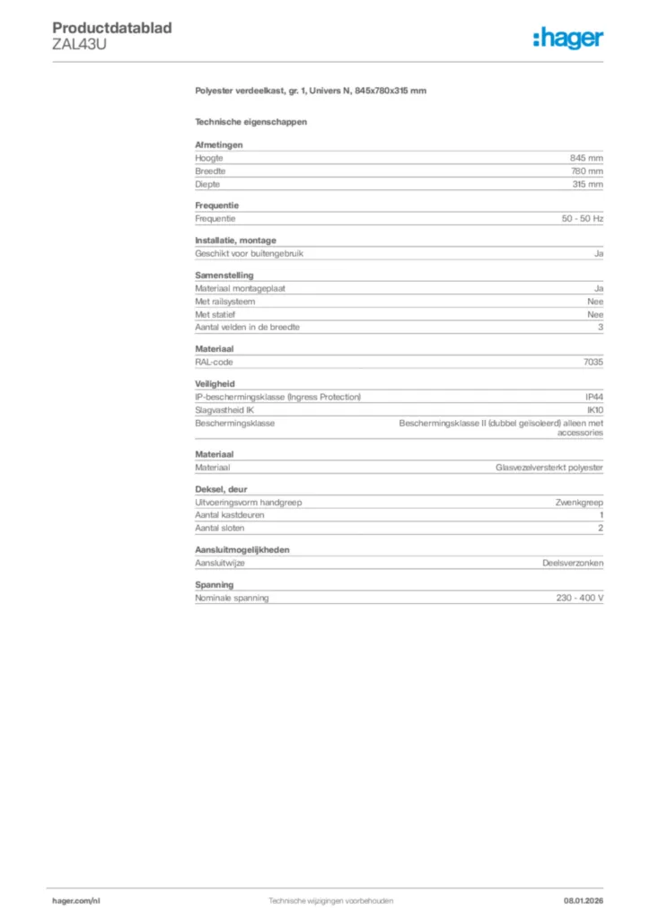 Afbeelding Hager Productdatablad ZAL43U | Hager Nederland