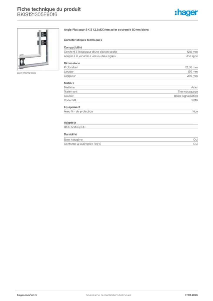 Image Hager Fiche technique du produit BKIS121305E9016 | Hager Afrique