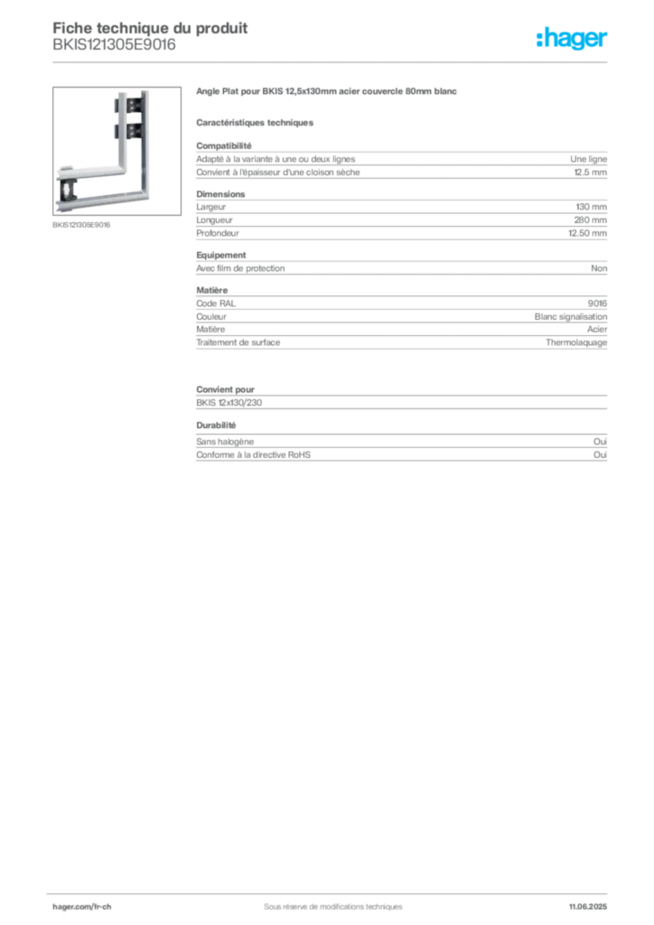 Image Hager Fiche technique du produit BKIS121305E9016 | Hager Suisse
