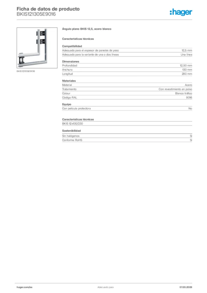 Imagen Hager Ficha de datos de producto BKIS121305E9016 | Hager España