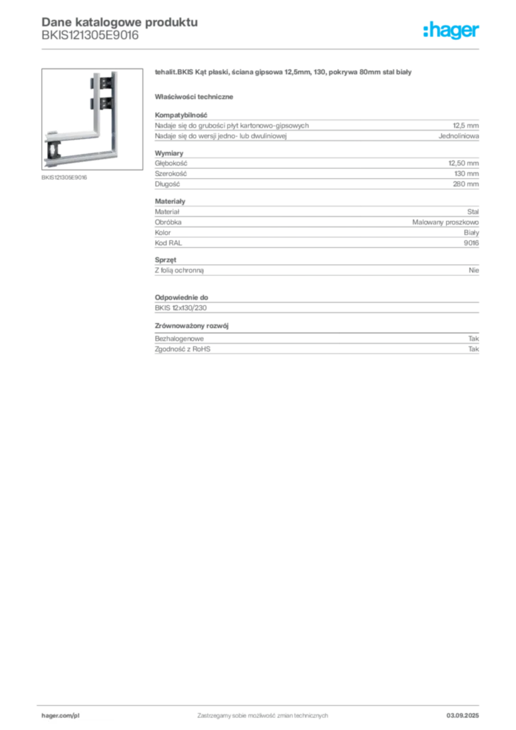 Zdjęcie Hager Karta katalogowa BKIS121305E9016 | Hager Polska