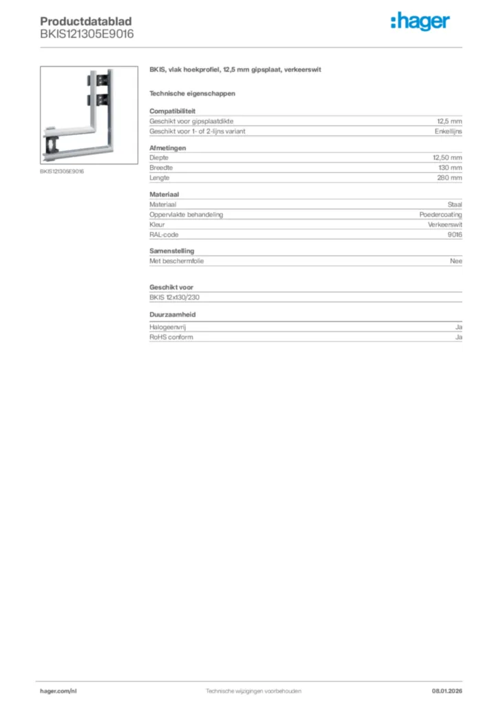 Afbeelding Hager Productdatablad BKIS121305E9016 | Hager Nederland