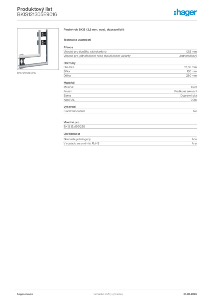 Obrázek Hager Product data sheet BKIS121305E9016 | Hager