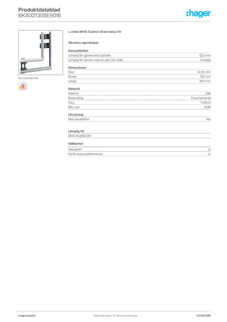 Bild Hager Produktdatablad BKIS121305E9016 | Hager Sverige