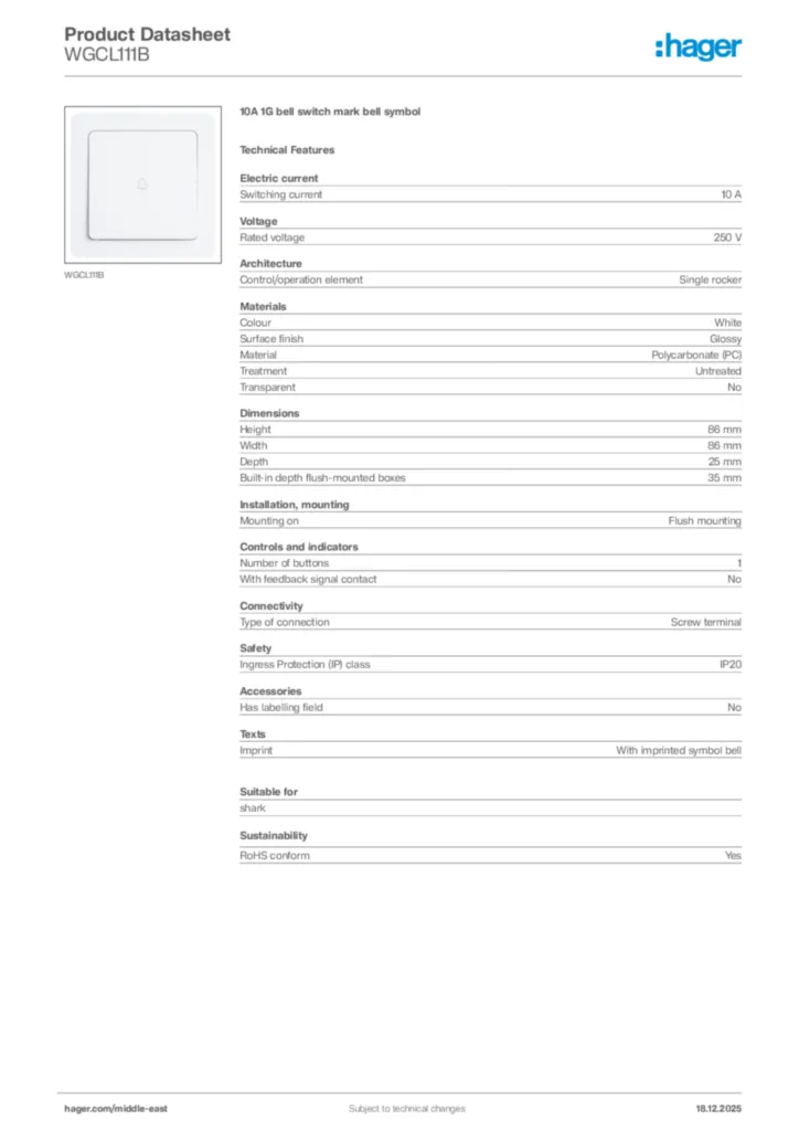 Image Hager Product data sheet WGCL111B  | Hager