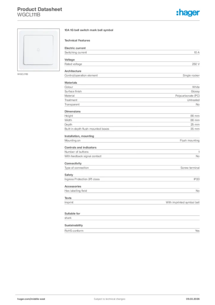Image Hager Product data sheet WGCL111B  | Hager