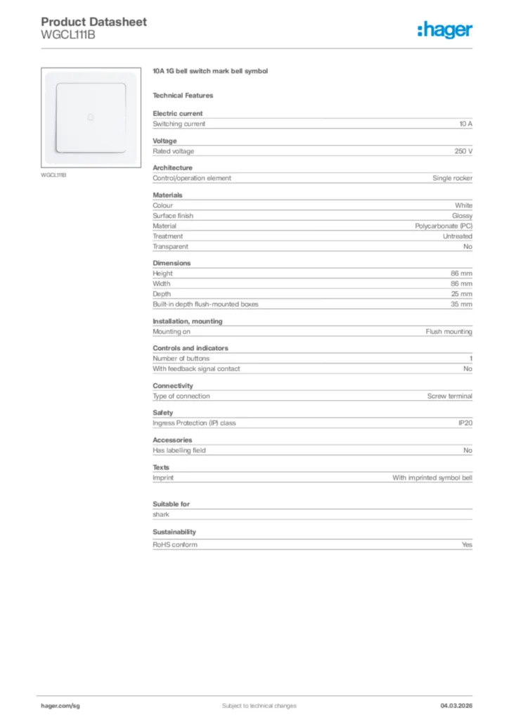 Image Hager Product data sheet WGCL111B  | Hager