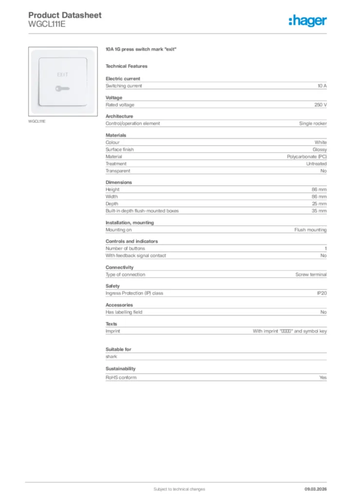 Image Hager Product data sheet WGCL111E  | Hager