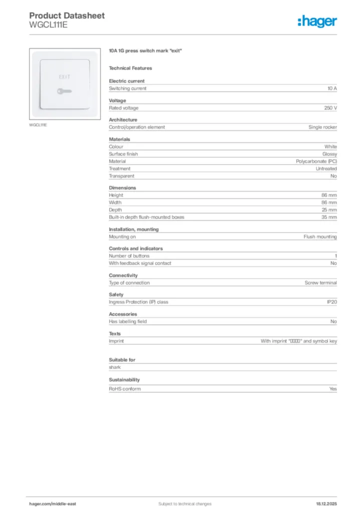 Image Hager Product data sheet WGCL111E  | Hager