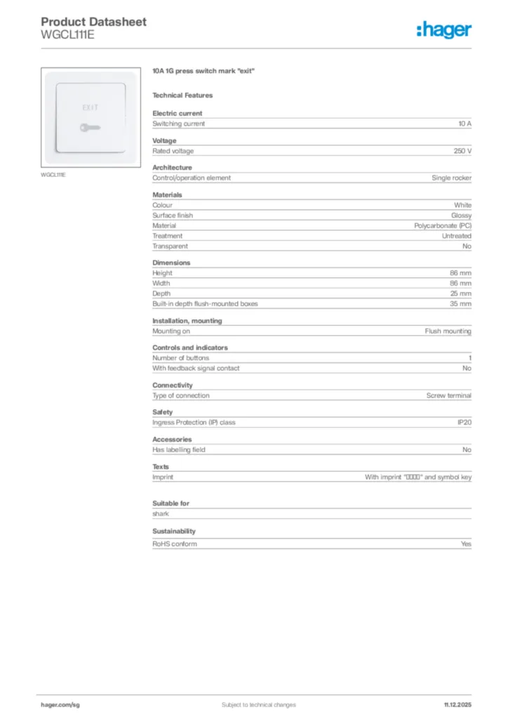 Image Hager Product data sheet WGCL111E  | Hager