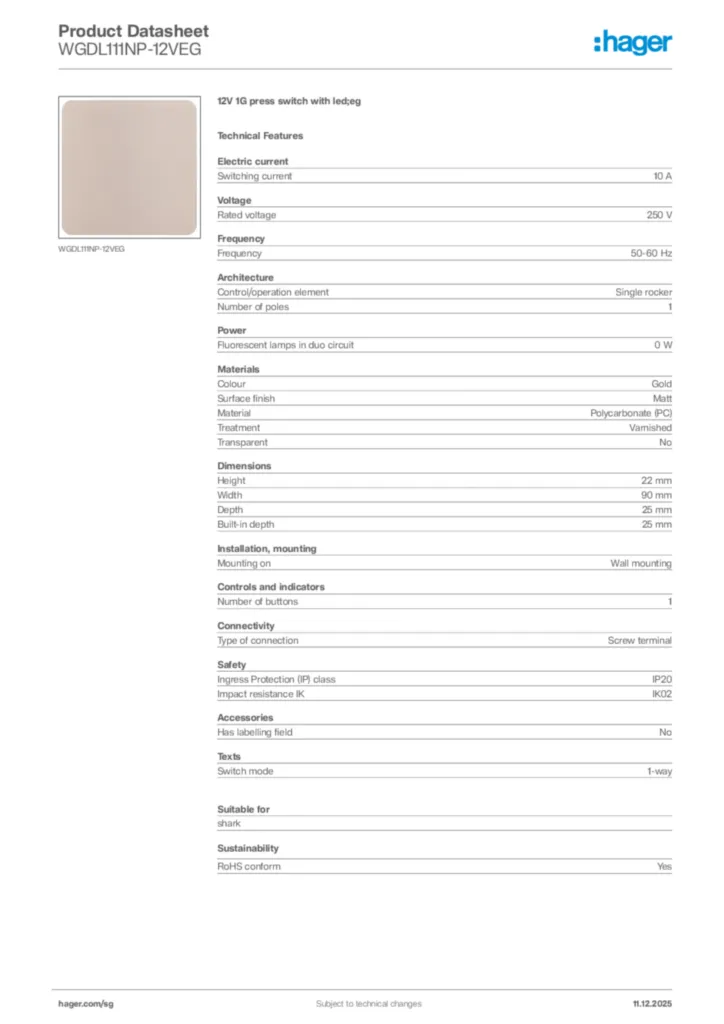 Image Hager Product data sheet WGDL111NP-12VEG  | Hager