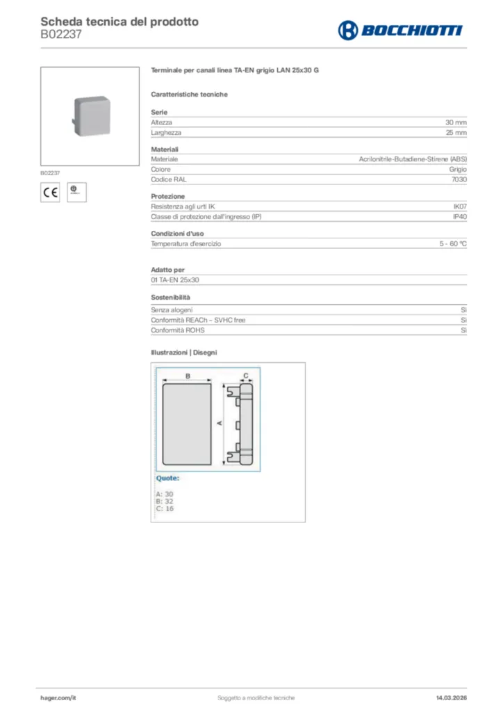 Immagine Bocchiotti Scheda tecnica del prodotto B02237 | Hager Italia