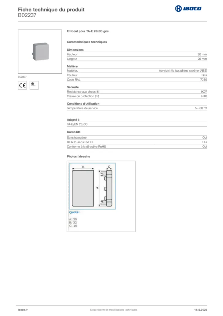 Image Iboco Fiche technique du produit B02237 | Hager France