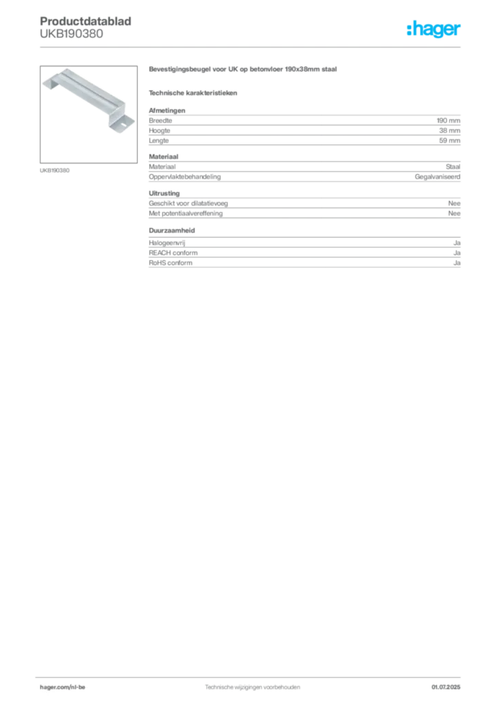 Afbeelding Hager Productdatablad UKB190380 | Hager Belgium