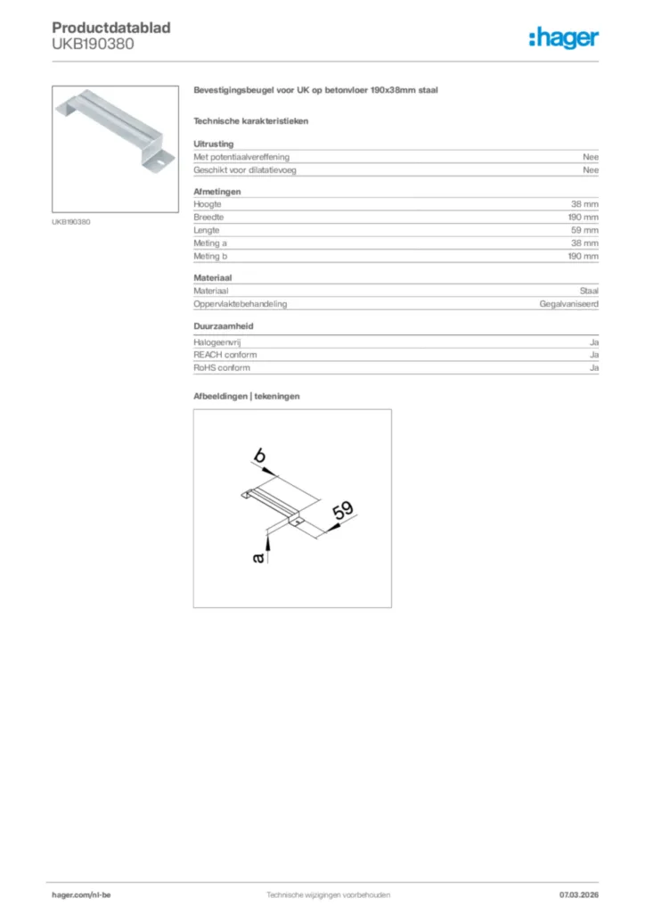 Afbeelding Hager Productdatablad UKB190380 | Hager Belgium