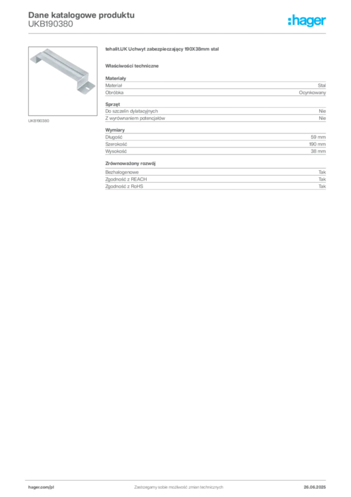 Zdjęcie Hager Karta katalogowa UKB190380 | Hager Polska