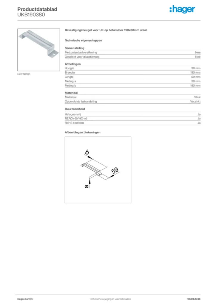 Afbeelding Hager Productdatablad UKB190380 | Hager Nederland