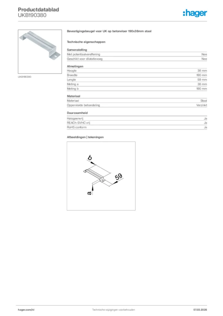 Afbeelding Hager Productdatablad UKB190380 | Hager Nederland