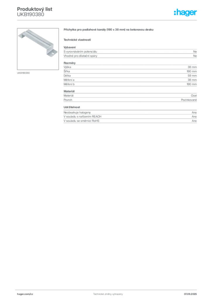 Obrázek Hager Produktový list UKB190380 | Hager