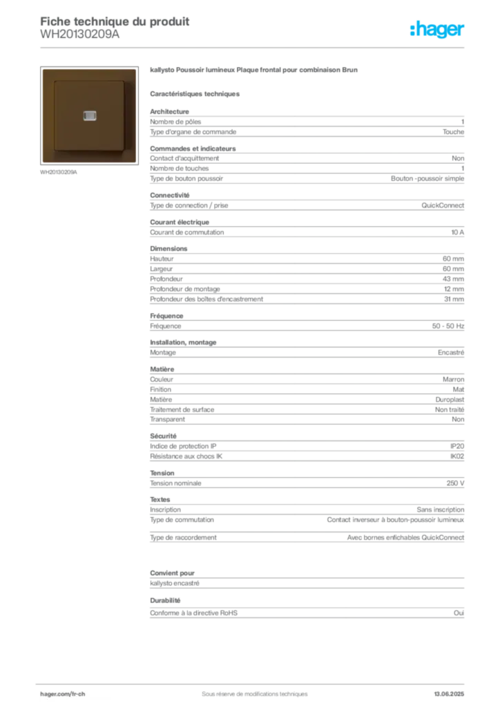 Image Hager Fiche technique du produit WH20130209A | Hager Suisse