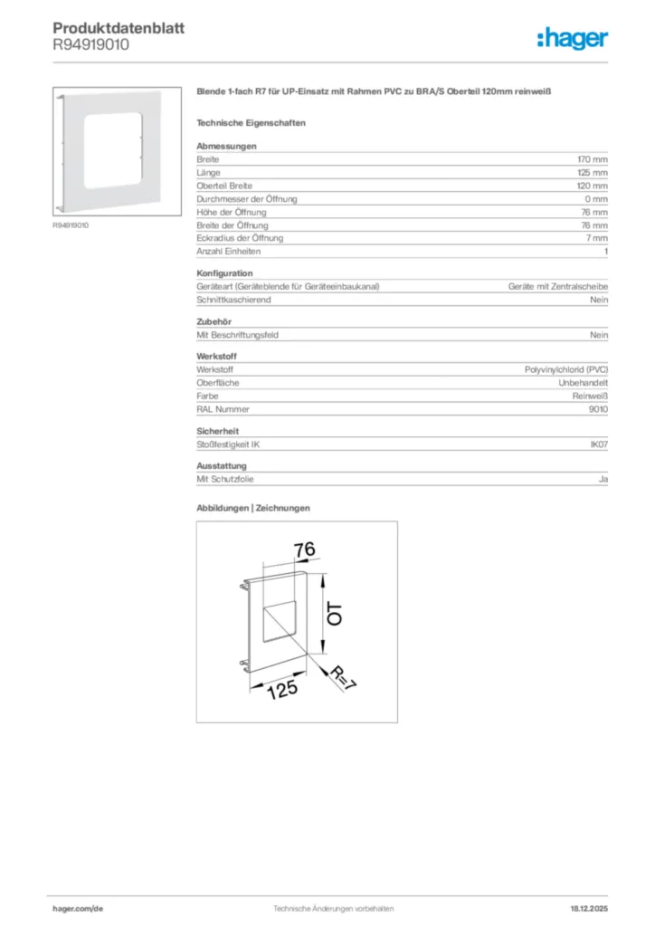 Bild Hager Produktdatenblatt R94919010 | Hager Deutschland