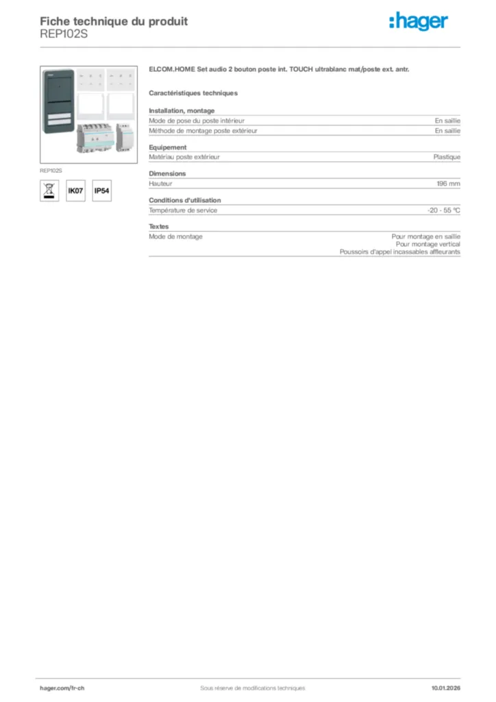 Image Hager Fiche technique du produit REP102S | Hager Suisse