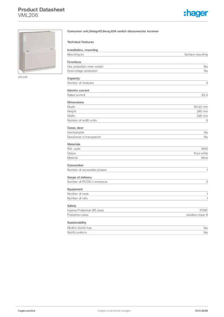 Image Hager Product data sheet VML206  | Hager