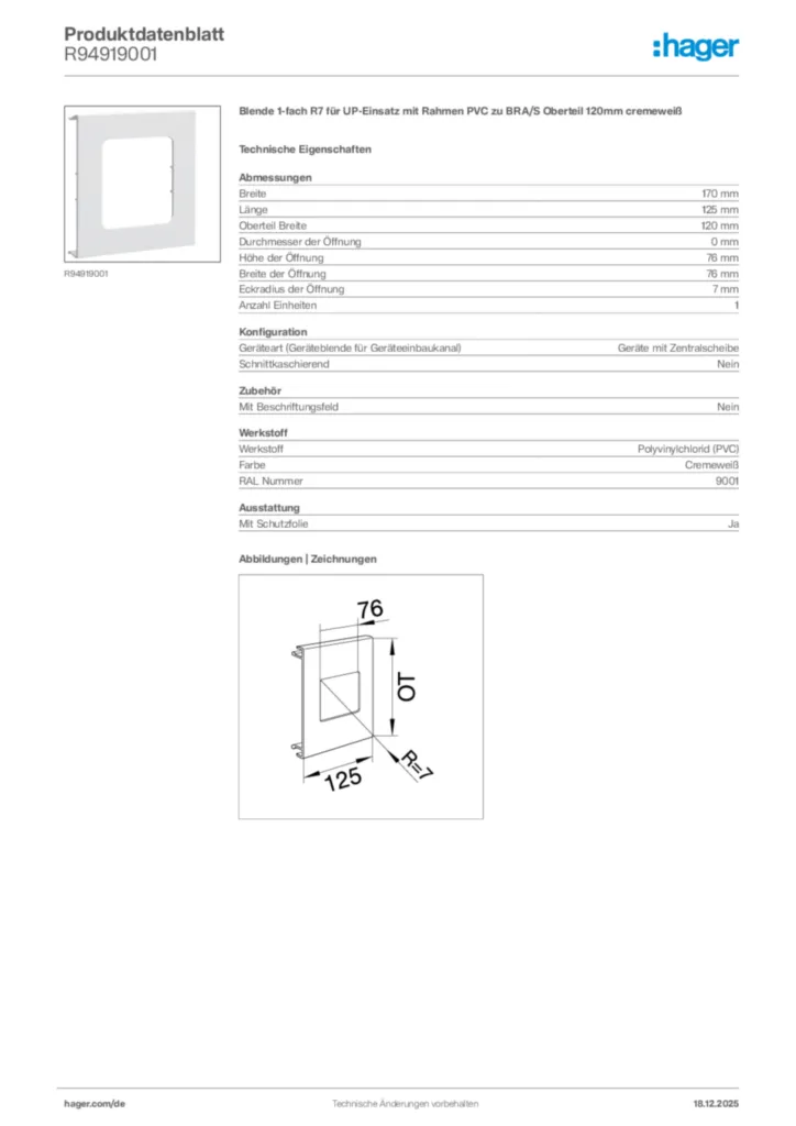 Bild Hager Produktdatenblatt R94919001 | Hager Deutschland