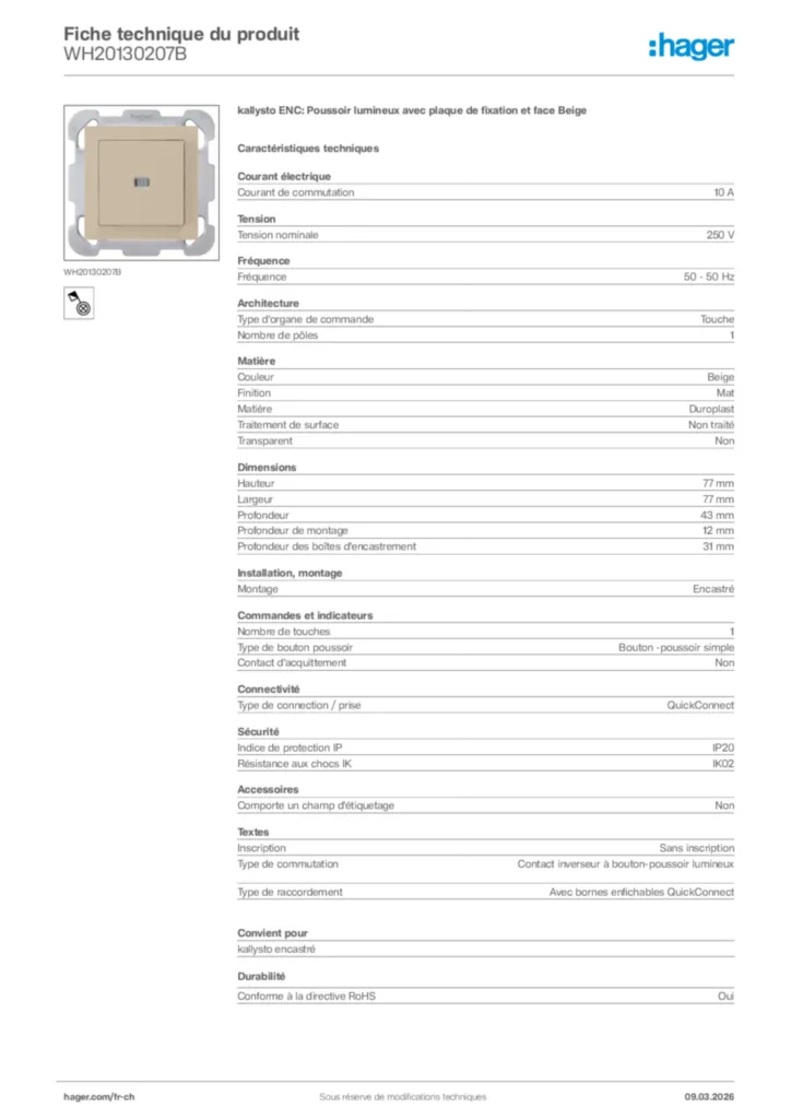 Image Hager Fiche technique du produit WH20130207B | Hager Suisse