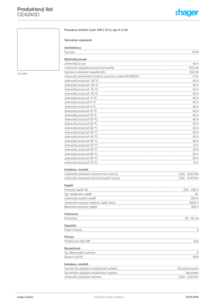 Obrázek Hager Produktový list CEA240D | Hager