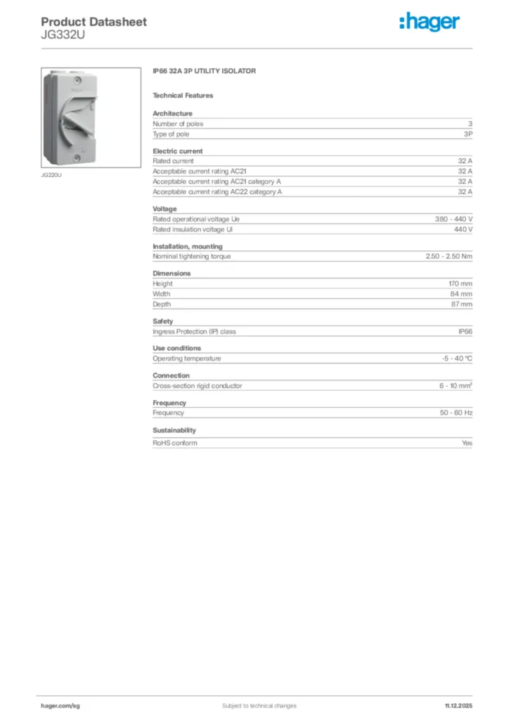 Image Hager Product data sheet JG332U  | Hager