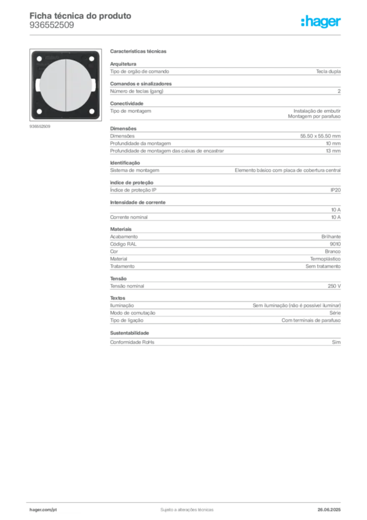 Imagem Hager Ficha técnica do produto 936552509 | Hager Portugal