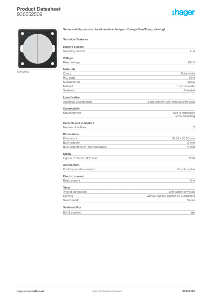 Image Hager Product data sheet 936552509  | Hager