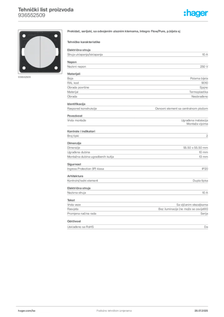 Slika Hager Product data sheet 936552509  | Hager