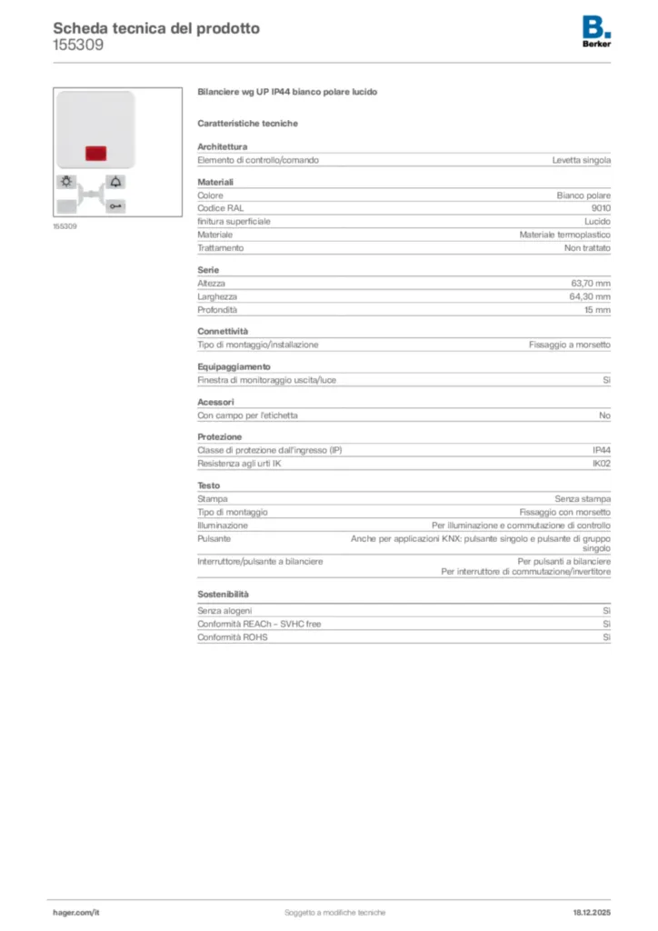 Immagine Berker Scheda tecnica del prodotto 155309 | Hager Italia
